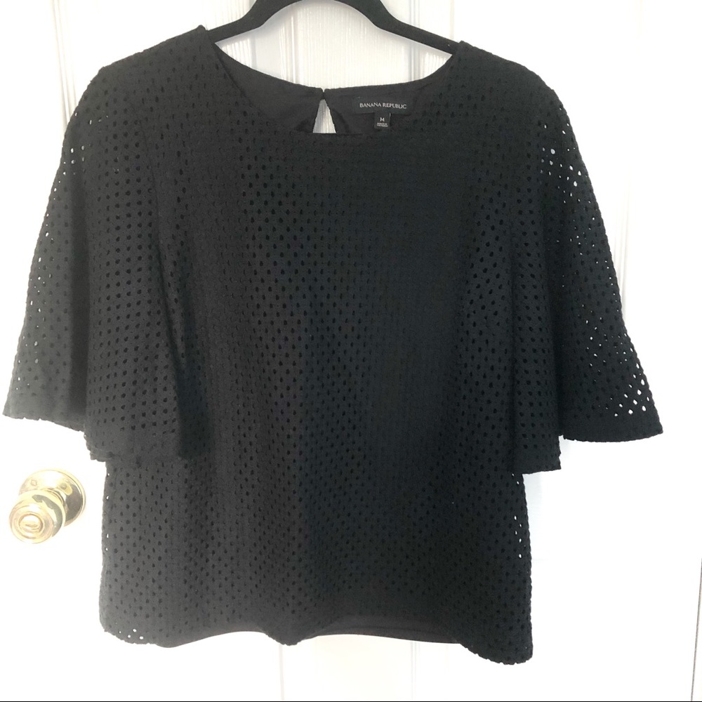 Perforated Black Blouse With Flutter Sleeve